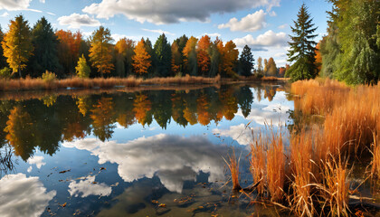 Poster - Rivière bordée d'arbres en automne avec reflets