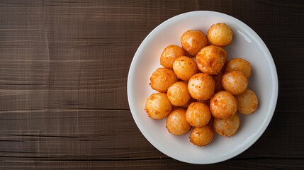 Wall Mural - Wooden table holds a white plate with numerous small round fried cheese balls with a crispy crust