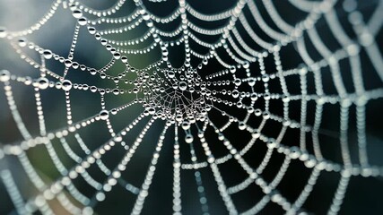 A close-up of a web on which dew has gathered. Macro photography of dew on the web.