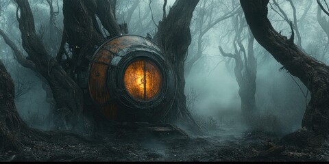 Wall Mural - A glowing orb in a dark, misty forest.