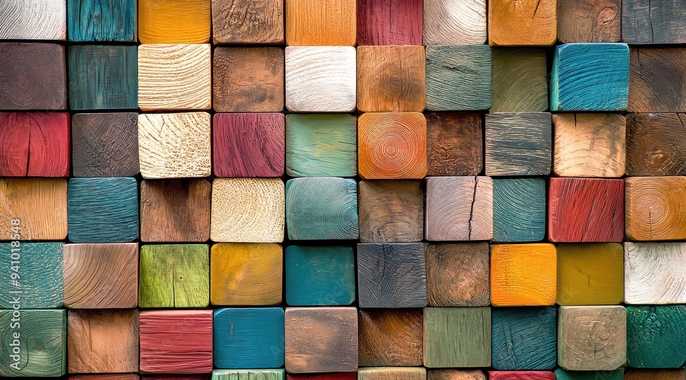 Blocs de bois colorés disposés selon un motif artistique, mettant en ...