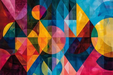 Poster - An abstract painting featuring vibrant, colorful shapes arranged in a dynamic composition, evoking creativity and emotion, Geometric shapes in vibrant hues symbolizing 