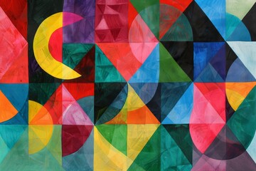 Poster - An abstract painting featuring vibrant, colorful shapes arranged in a dynamic composition, evoking creativity and emotion, Geometric shapes in vibrant hues 