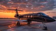 © SC-7 - A premium black and gold luxury private jet for VIP travel parked at the airport during sunset. An opulent mode of transport for the rich and wealthy, reflecting the lifestyle of millionaires