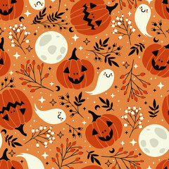 Wall Mural - Seamless pattern of doodle Halloween pumpkins, ghosts and moons. Perfect for Halloween, holidays, fabric, textile.