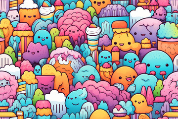 Seamless pattern of cute cartoon characters in bright colors.