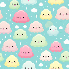 Seamless pattern of cute cartoon clouds with happy faces on a blue background with sparkles.