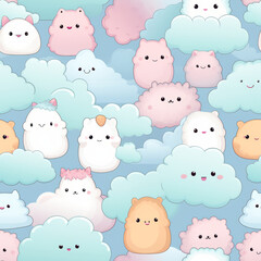 Seamless pattern of cute clouds and fluffy animals with happy faces on a blue background.