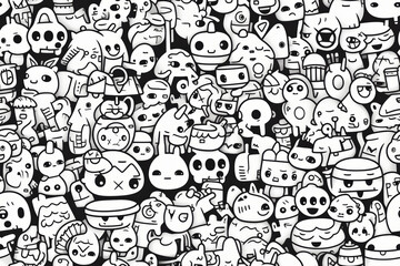 Seamless pattern of cute, whimsical, cartoon characters on black background.