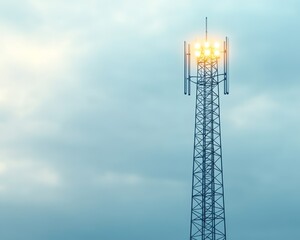 A tall cell phone tower against a cloudy sky.  The tower is lit up with several bright lights.