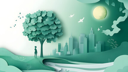 The person who knows. Tree, Achieve sustainable growth, World Environment Day. White eco urban city and nature landscape background paper art style.