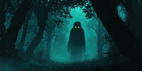 Wall Mural - Silhouette in dark, misty forest with glowing eyes.