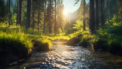 Wall Mural - Sunlight Filtering Through Forest Canopy and Illuminating a Stream