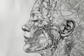 Poster - A black and white illustration depicting a man entangled in wires, showcasing a blend of human form and technology, Intricate patterns of lines and shapes conveying the human body, Ai AI-generated