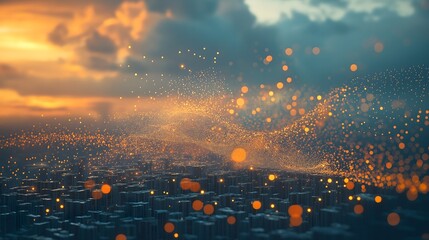 Poster - Golden Particles Flowing Over Cityscape at Sunset