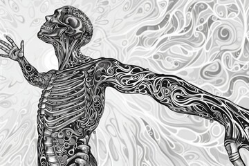 Poster - A black and white illustration depicting a man entangled in wires, showcasing a blend of human form and technology, Intricate patterns of lines and shapes conveying the complexity and beauty 
