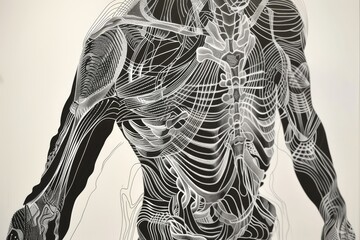 Poster - A black and white sketch featuring a man with wires, illustrating a complex relationship between the individual and technology, Ai generated