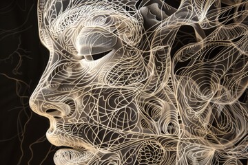Poster - A black and white sketch featuring a man with wires, illustrating a complex relationship between the individual and technology, Ai generated