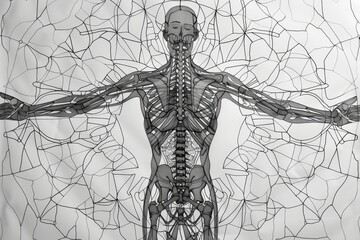 Poster - A detailed black and white artwork of a man intertwined with wires, representing the fusion of human existence and technology, Ai generated