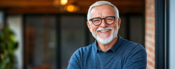 A cheerful elderly man with glasses and a gray beard smiles warmly, conveying happiness and a positive outlook on life.