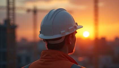 Beautiful image of an engineering helmet at sunset, civil construction, Safety workwear concept. Male hand holding white safety helmet or hard hat. Construction worker man with reflective orange vest 