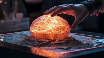 Poster - Hand Touches Glowing Energy Sphere on Display