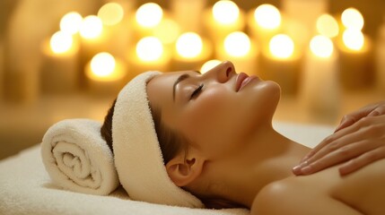 Poster - A woman laying on a table with her head covered in towels, AI