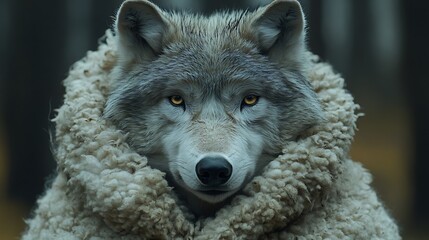 Wall Mural - a wolf with piercing yellow eyes stares directly at the camera, wearing a white sheepskin coat.