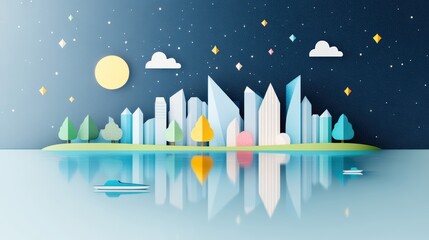 Wall Mural - A whimsical illustration of a city skyline reflected in a calm lake, with boats gliding across the water and a starry sky above.