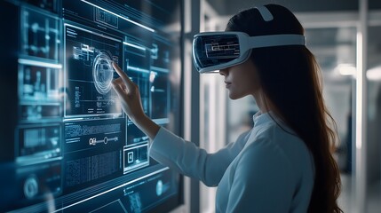 Poster - Woman Using VR Headset Interacts With Futuristic Interface