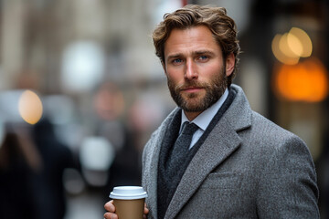 Handsome bearded man in a grey coat holding a coffee cup on a city street.
