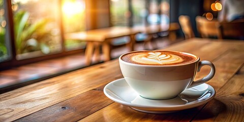 Closeup of a frothy cappuccino on a wooden table in a cozy cafe setting