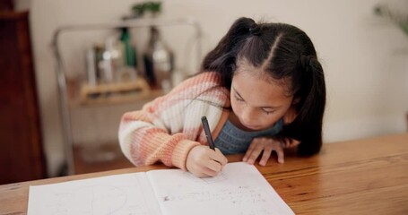 Canvas Print - Girl, child and writing in book for homework, education or learning on desk at house. Little kid or young female person drawing or sketching in notebook for creative development or homeschool at home