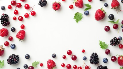 Wall Mural - A variety of fresh berries displayed on a white surface, ideal for food styling and photography