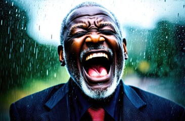 Wall Mural - shock, emotional breakdown. upset depressed senior black man screaming, crying at street under rain