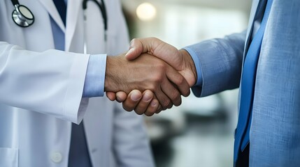 A close-up of two hands shaking, one in business attire and the other with a medical coat, symbolizing trust between a businessman and doctor during an important meeting