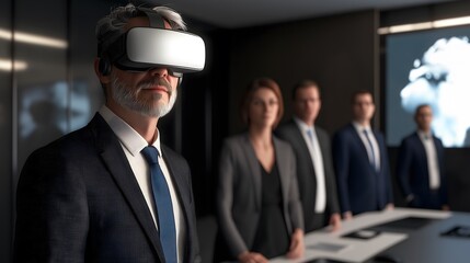 Businessman in VR Headset with Team in Boardroom