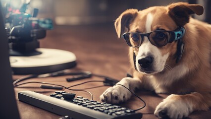 Poster - puppy playing with a laptop