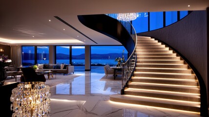 Wall Mural - Elegant interior featuring a modern staircase illuminated by lights, with stunning views from expansive windows at dusk.