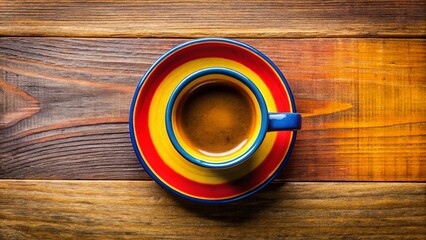 Top view of colorful Colombian coffee cup on table with yellow, blue, and red colors