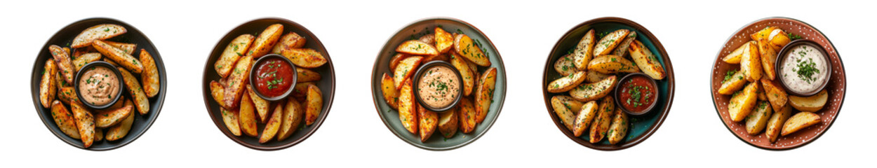 potato wedges with dipping sauce on a plate isolated on a transparent or white background, top view, cut-out, PNG