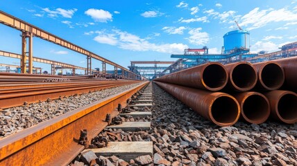 Industrial scene showcasing rusted railway tracks and large steel pipes under a bright sky, symbolizing construction and engineering.