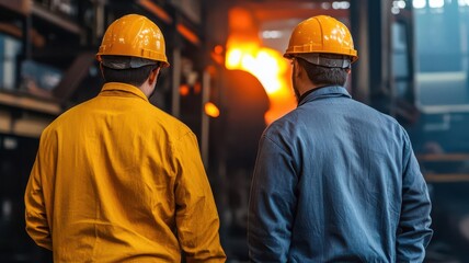 Two workers in safety helmets observe a bright industrial scene, showcasing teamwork and safety in a manufacturing environment.