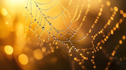 Golden Spiderweb Dewdrops, Glimmering Sunlight