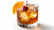 © pattozher - An old-fashioned cocktail with an orange slice and a cherry garnish, the glass showing subtle condensation, isolated on a white background
