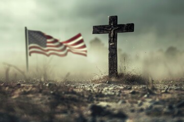 A simple wooden cross with an American flag hanging in the background, suitable for patriotic or memorial themes