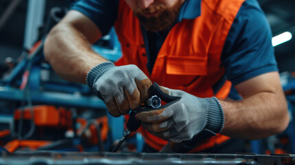 Wall Mural - Focused industrial worker wearing gloves and using a power tool in a factory, emphasizing precision and manual labor.