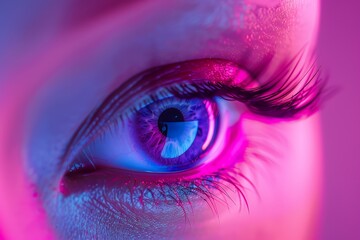 Wall Mural - A close-up of a vibrant, colorful eye with dramatic lighting and reflections.