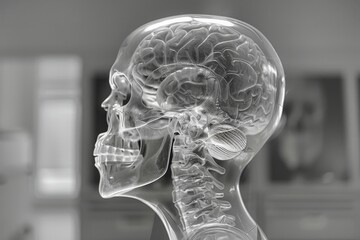 Wall Mural - X-ray image displaying a detailed view of the human brain, highlighting its structure and contours, The beauty of medical imaging technologies, AI generated