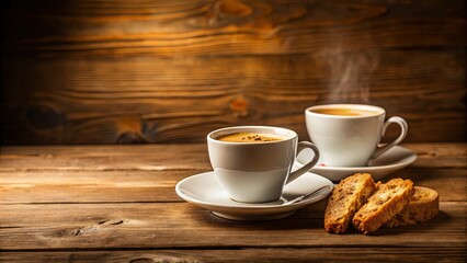 two coffee cups and cantuccini on wooden table with olive background